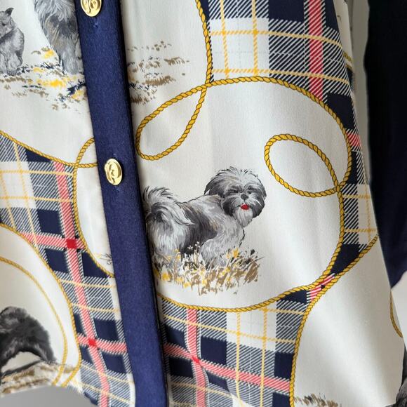 Rare VTG Whimsy Novelty Dog Print Plaid Teacher Button Up Blouse Equestrian S/M - Picture 10 of 13
